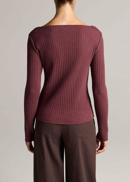 Ribbed Cotton-Blend Slash-Neck Long-Sleeve Top - US 2580