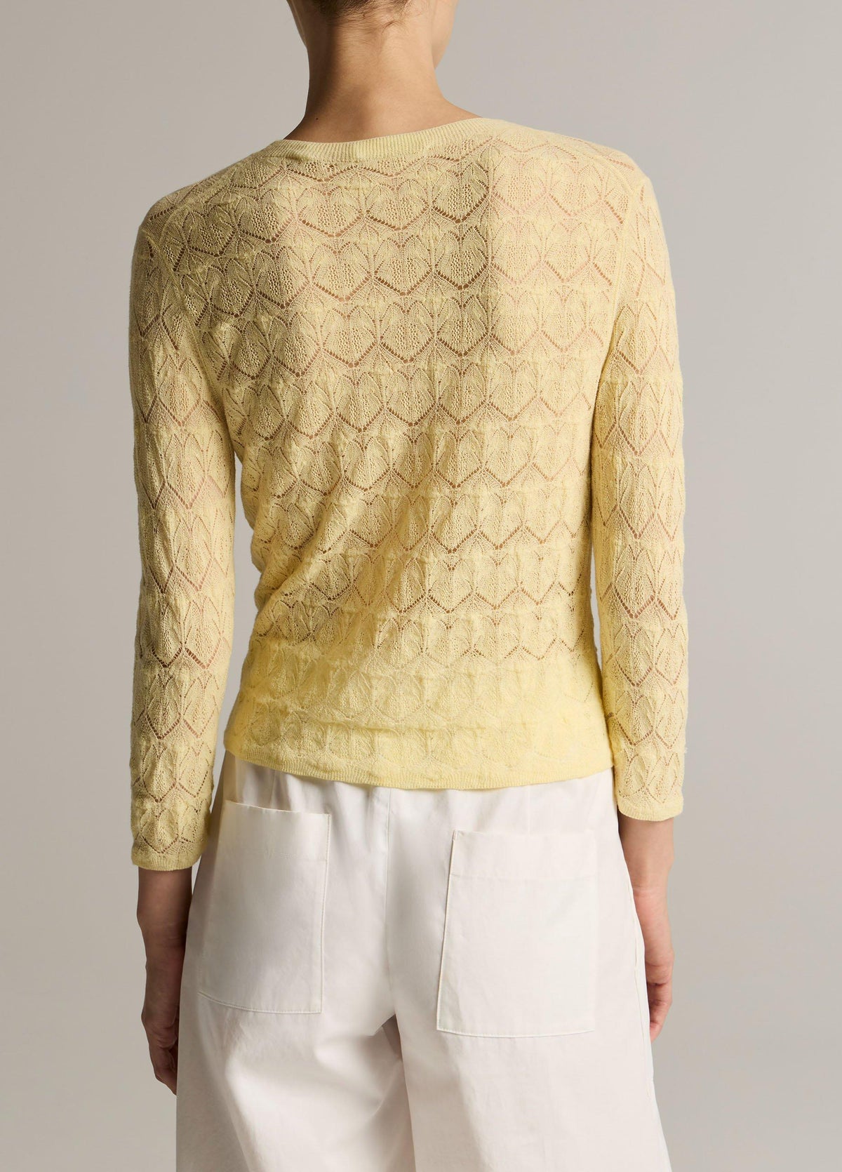 Fine Lace Cotton Three-Quarter-Sleeve Crew Neck Sweater - US 6300