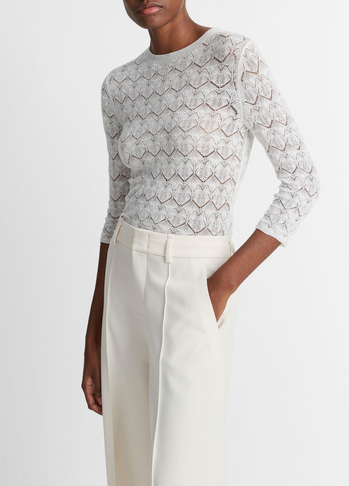 Fine Lace Cotton Three-Quarter-Sleeve Crew Neck Sweater - US 5182