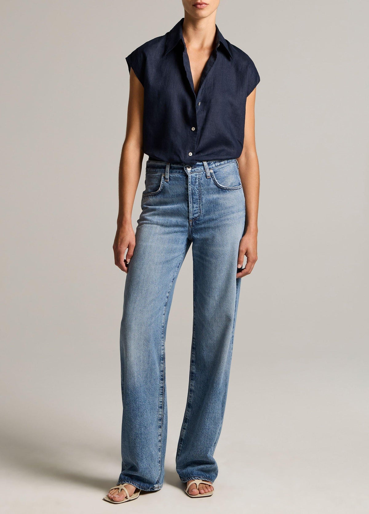 Linen Cap-Sleeve Button-Front Blouse - US 4227