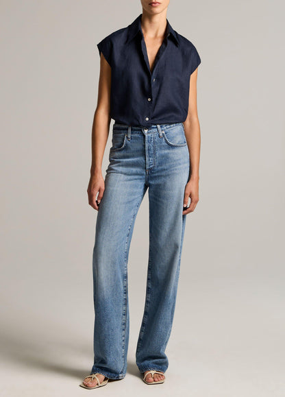 Linen Cap-Sleeve Button-Front Blouse - US 4227