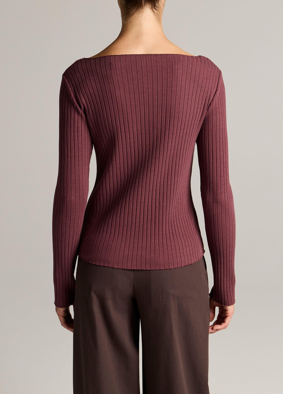 Ribbed Cotton-Blend Slash-Neck Long-Sleeve Top - US 2580