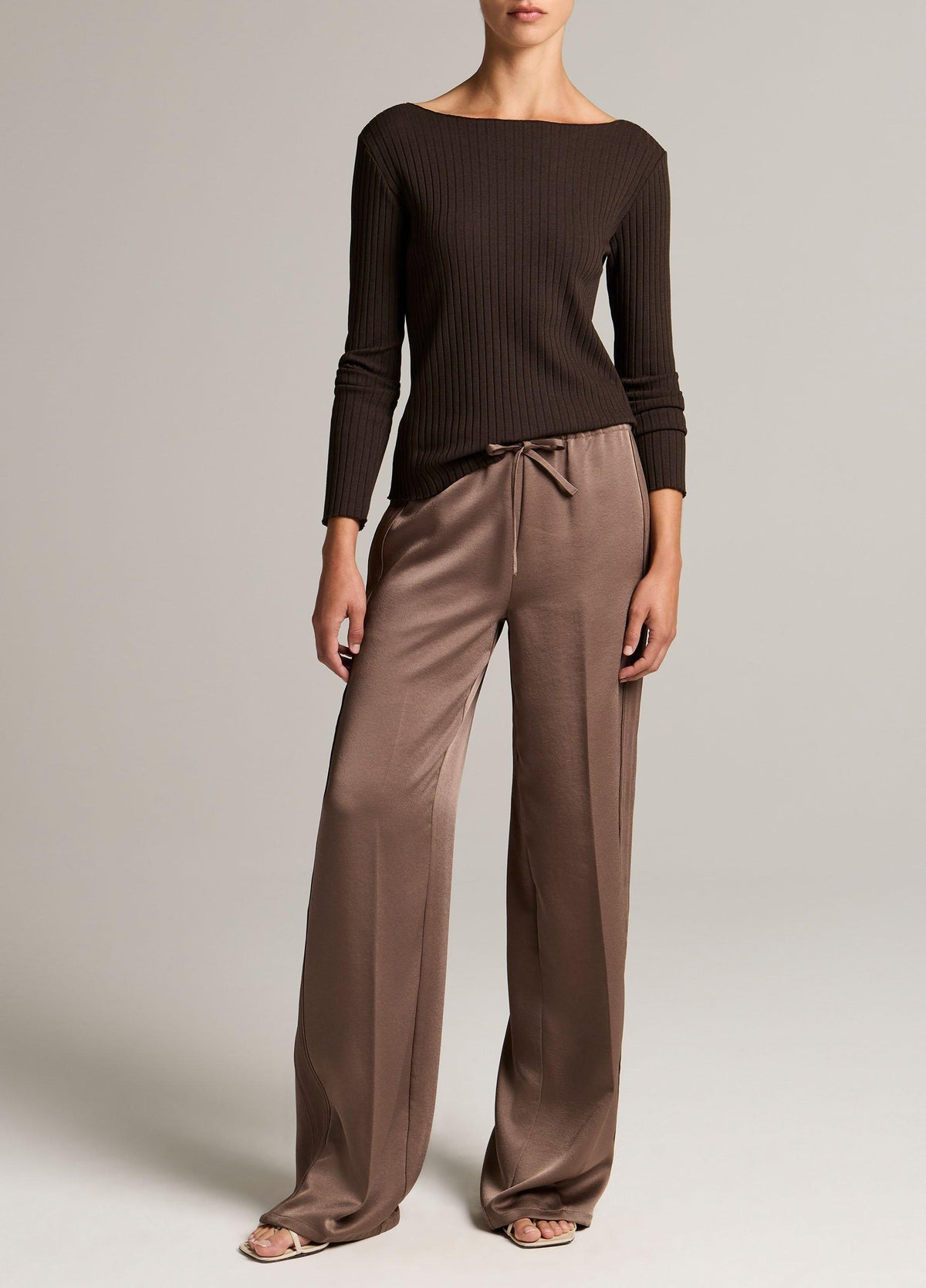 Ribbed Cotton-Blend Slash-Neck Long-Sleeve Top - US 9336