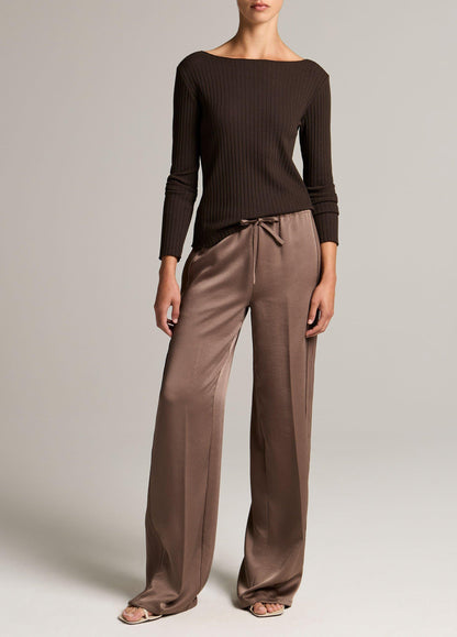 Ribbed Cotton-Blend Slash-Neck Long-Sleeve Top - US 9336