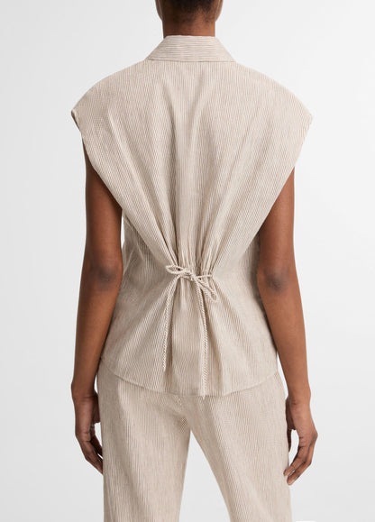 Ticking Stripe Linen-Cotton Cap-Sleeve Blouse - US 3199