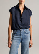 Linen Cap-Sleeve Button-Front Blouse - US 4227
