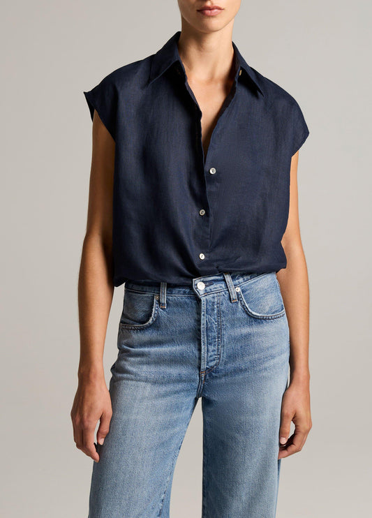 Linen Cap-Sleeve Button-Front Blouse - US 4227