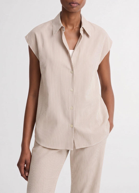 Ticking Stripe Linen-Cotton Cap-Sleeve Blouse - US 3199