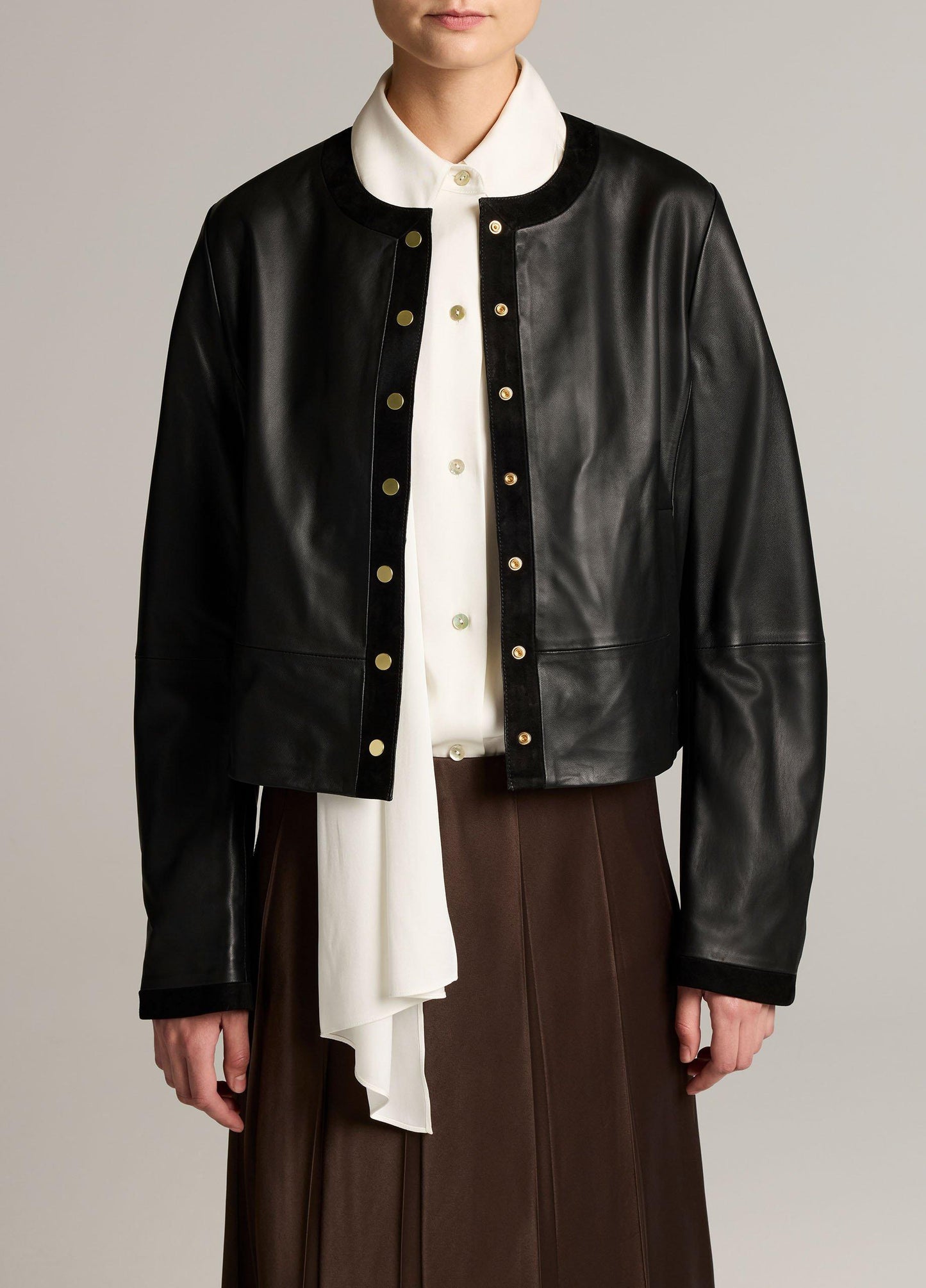 Suede-Trimmed Leather Cropped Jacket - US 1237
