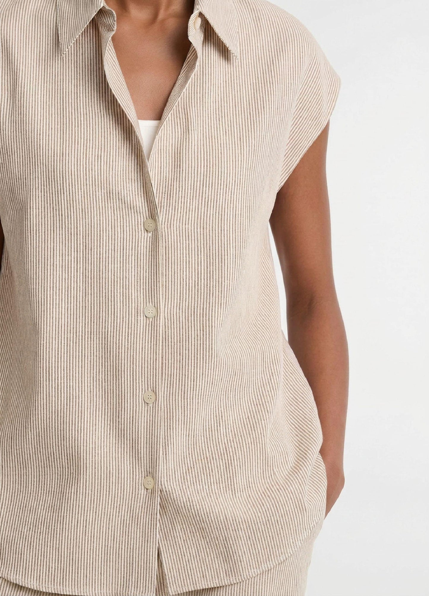 Ticking Stripe Linen-Cotton Cap-Sleeve Blouse - US 3199