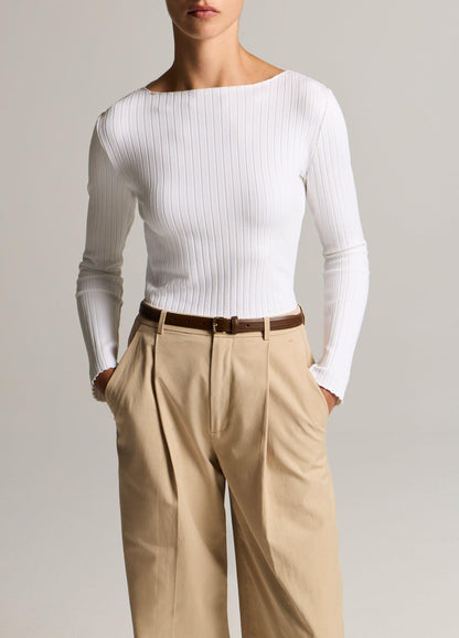 Ribbed Cotton-Blend Slash-Neck Long-Sleeve Top - US 0392
