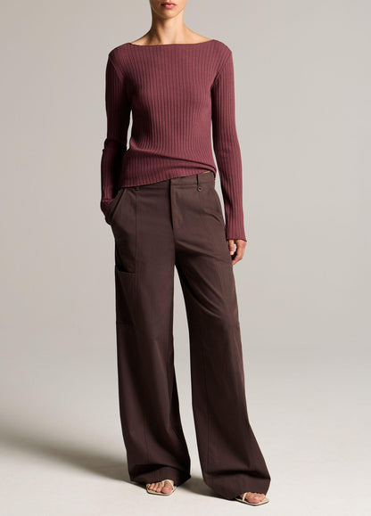 Ribbed Cotton-Blend Slash-Neck Long-Sleeve Top - US 2580